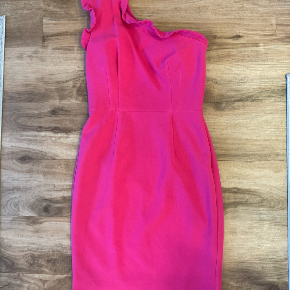 Black Halo Pink Asymmetrical Ruched Sheath Dress